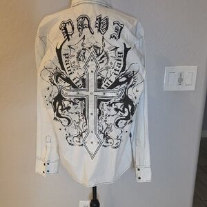 PAVI Men's White Shirt with Black Print/Embroidery/Studs Size Large NWT Western